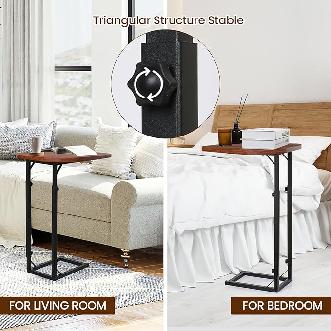 Premium Adjustable C-Shaped End Table for Couch, Mini Side Tables for Sofa, Small Coffee Table with Metal Frame, Beautiful and Practical Sidekick for Your Living Room, Bedroom, Bedside, Rustic Brown | Premium, Adjustable, for Couch, for Sofa, with Meta...