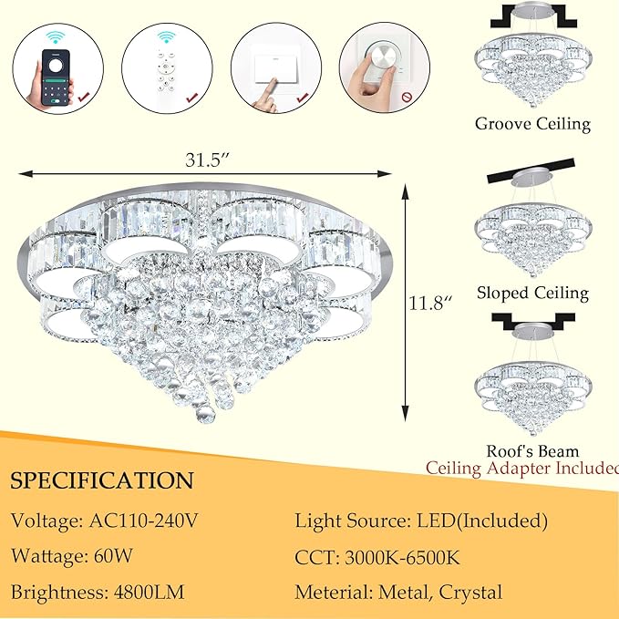 31.4'' Silver Modern Crystal Chandeliers for Dining Room LED Dimmable Light Fixtures Flush Mount Light Living Room Bedrooms