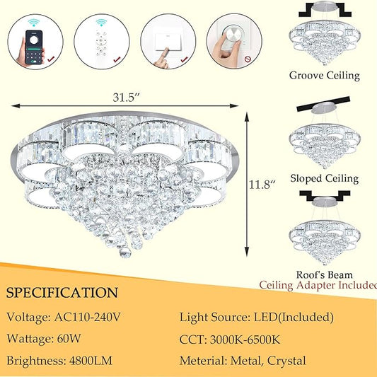 31.4'' Silver Modern Crystal Chandeliers for Dining Room LED Dimmable Light Fixtures Flush Mount Light Living Room Bedrooms