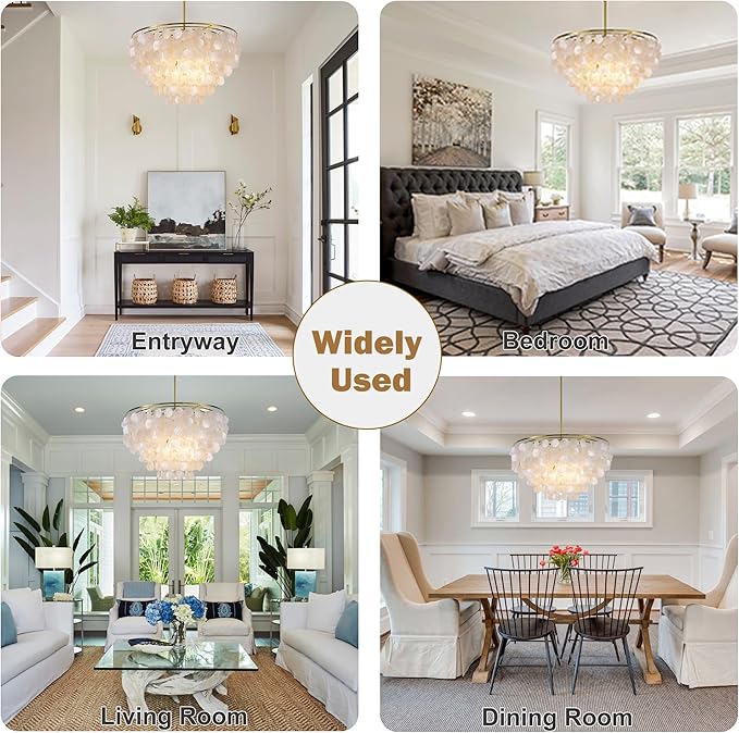 Wellmet Capiz Shell Chandelier, 6 Lights Gold Coastal Chandeliers for Dining Room, Modern Pendant Lighting Fixtures with Seashell Shade for Bedroom Living Room Hallway Foyer, W-23.62”