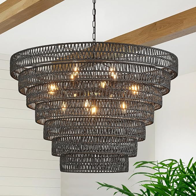 Hand-Woven Rattan Chandelier Vintage Farmhouse 15-Lights Boho Bamboo Large Chandeliers Light Fixture 7-Tier Drum Wicker Chandelier for Dining Room, Living Room, Kitchen, E12