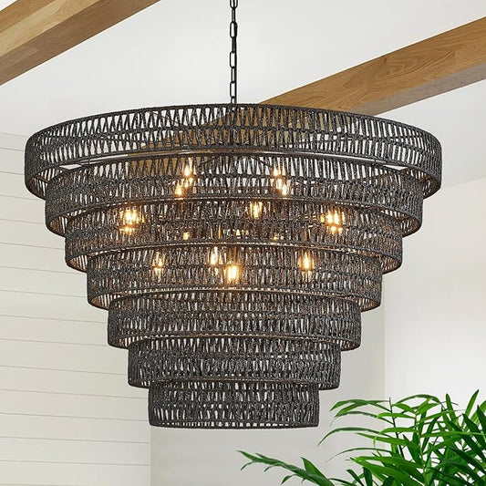 Hand-Woven Rattan Chandelier Vintage Farmhouse 15-Lights Boho Bamboo Large Chandeliers Light Fixture 7-Tier Drum Wicker Chandelier for Dining Room, Living Room, Kitchen, E12