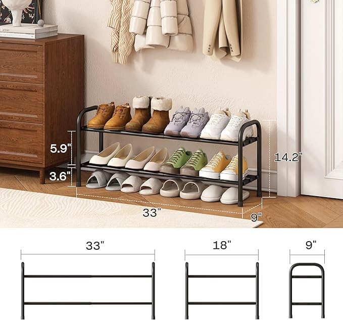 Shoe Rack for Closet, Black 2-Tier Expandable Closet Shoe Rack Metal Organizer, Heavy Duty Shoe Storage Shelf for Entryway, Doorway, Narrow Space