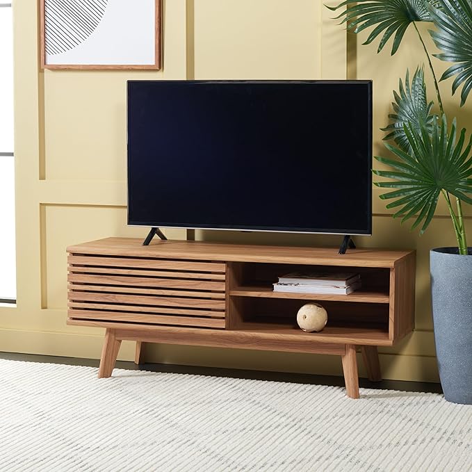 SAFAVIEH Aurelio TV Stand for up to 55" Flatscreen – Oak Brown, 1 Sliding Door with Interior Storage and Open Shelves, Entertainment Media Console (MED9600D)