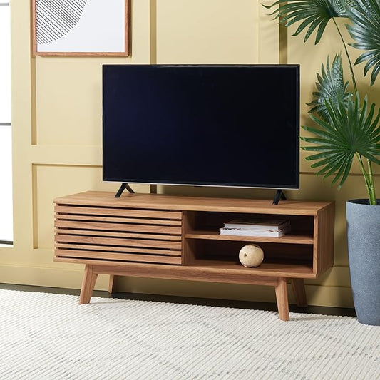 SAFAVIEH Aurelio TV Stand for up to 55" Flatscreen – Oak Brown, 1 Sliding Door with Interior Storage and Open Shelves, Entertainment Media Console (MED9600D)