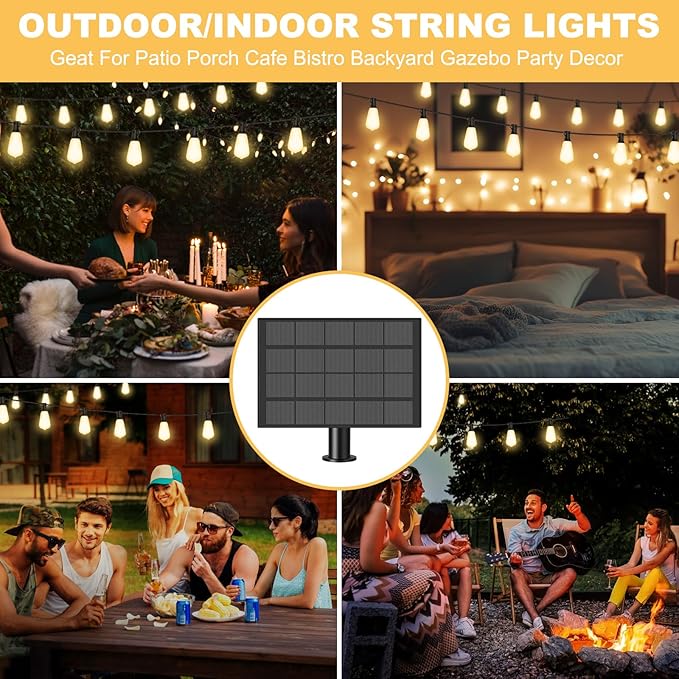 50FT Solar String Lights with 32+2 LED Bulbs (1.5FT Bulbs Spacing), Patio String Lights Whith Remote, IP65 Waterproof, 3600mAm Battery, Zipper & Screw for Setup Outside Garden Backyard Decor