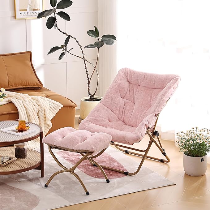 Comfy Folded Chair, Soft Faux Fur Oversized Folding Chair, Flexible Lazy Chair for Kids Girls Teens Adults, Metal Frame Moon Chair for Dorm Rooms, Bedroom, Living Room