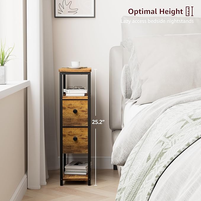 Narrow Nightstands Set 2 - Skinny Side Table Slim Night Stand for Small Space Bedroom Thin Bedsides Tables with 2 Drawers, Farmhouse Brown