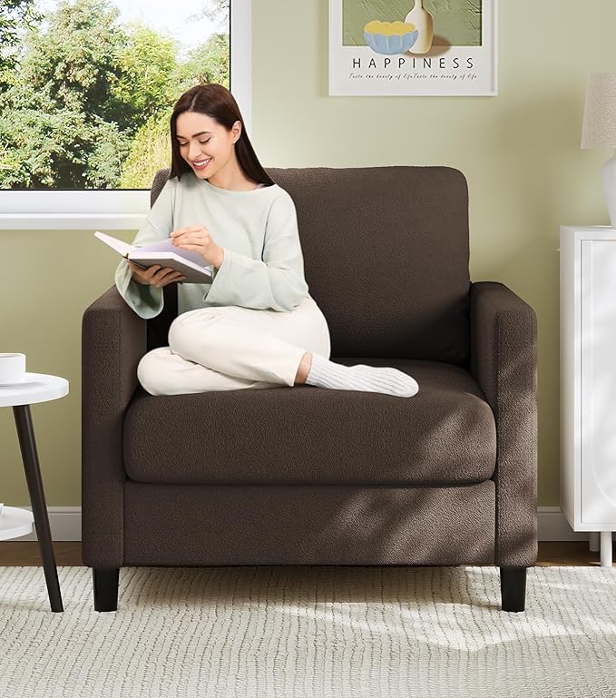 Welzona Sofa Accent Chair, 33" Reading Chair for Bedroom, Tool-Free Setup Living Room Accent Chairs, Comfy Arm Chairs Living Room, All-Wood Reading Nook, Brown