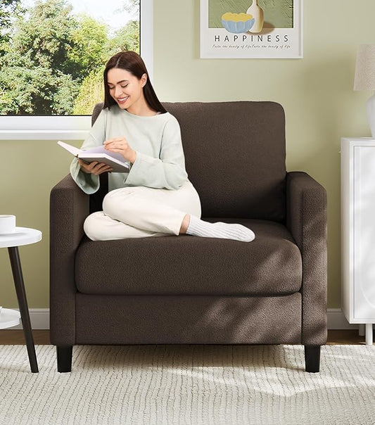 Welzona Sofa Accent Chair, 33" Reading Chair for Bedroom, Tool-Free Setup Living Room Accent Chairs, Comfy Arm Chairs Living Room, All-Wood Reading Nook, Brown