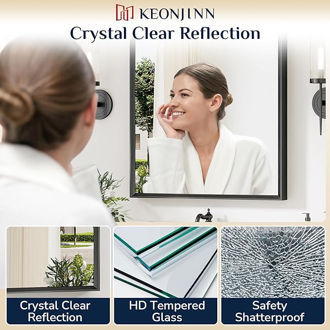 Keonjinn 40 x 24 Inch Black Bathroom Mirrors for Over Sink, Beveled Rectangle Framed Mirrors for Wall, Black Bathroom Vanity Mirror, Tempered Glass, Square Corner, Farmhouse Style
