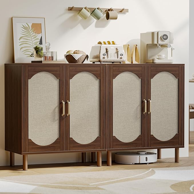 Buffet Cabinet with Storage, Imitation Fabric Arched Sideboard with Adjustable Shelves, Coffee Bar Cabinet for Kitchen, Living Room, Hallway, Entryway, Walnut, 2 PCS
