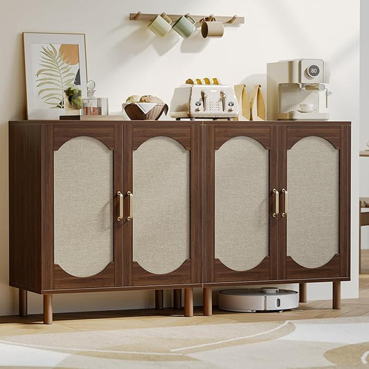 Buffet Cabinet with Storage, Imitation Fabric Arched Sideboard with Adjustable Shelves, Coffee Bar Cabinet for Kitchen, Living Room, Hallway, Entryway, Walnut, 2 PCS