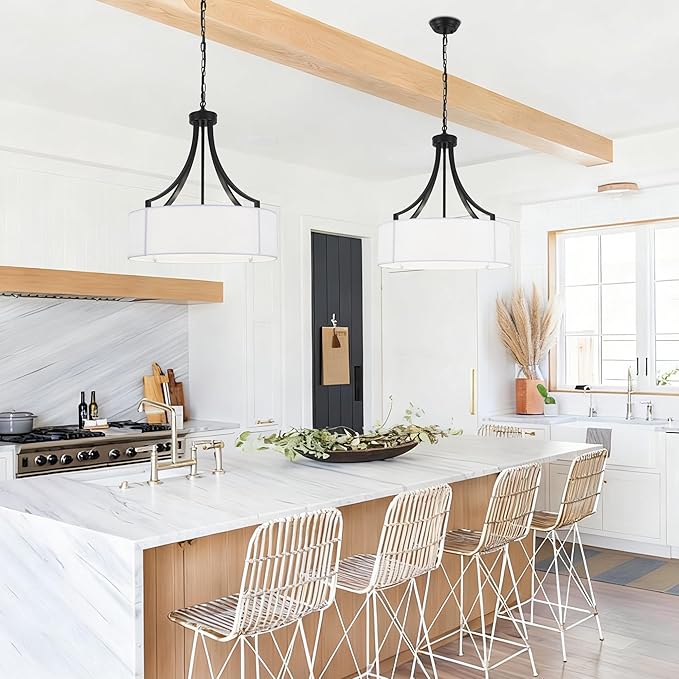 20" Modern Black Farmhouse Drum Chandeliers for Dining Room, 6-Light Rustic Drum Pendant Light with White Fabric Shade, Hanging Light Fixture for Living Room Bedroom Foyer Kitchen Island Entryway