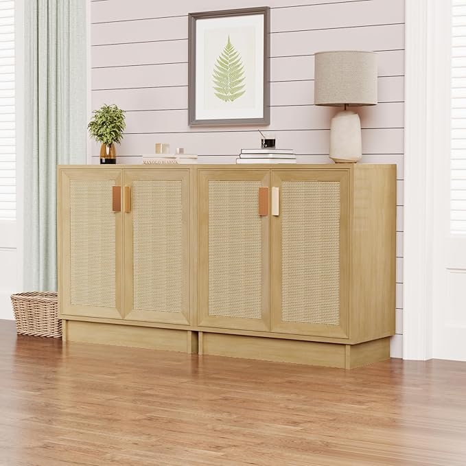 Sideboard Buffets Storage Cabinet, Boho Rattan Accent Cabinet with Doors, Farmhouse Buffet Table Console Table Coffee Bar for Entryway Kitchen Dining Room,Classic Rattan