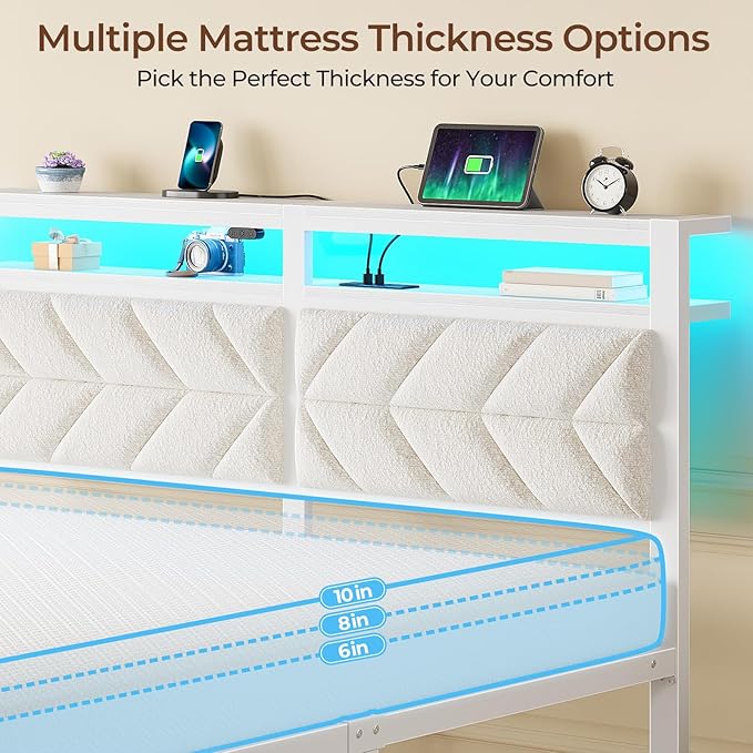 Seventable Bed Frame Queen Size with Charging Station, LED Bed with Upholstered Storage Headboard - 8 Inch Gel Memory Foam Mattress, Fiberglass Free, Breathable & Pressure Relief