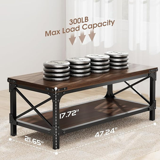 Rectangle Coffee Tables for Living Room, Wood Rectangular Coffee Table, 2 Tier Dark Brown Modern Center Table with Thickened Tabletop and Metal Frame, 47 inch Long (Walnut)