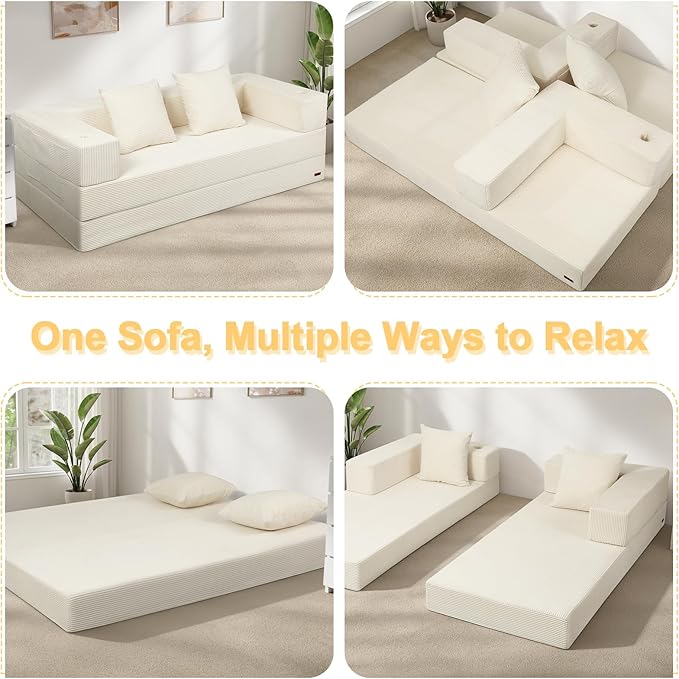 COMAX Boneless Couch, Futon Sofa Bed Couches Versatile Queen for Living Room, 79" 4 in 1 Convertible Sleeper Corduroy Couch Foam in a Box, Foldable Fold Out Floor Mattress No Assembly Required, Beige