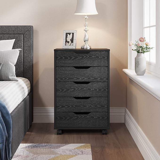 Panana 5/7 Drawer Chest, Wooden Tall Dresser Storage Dresser Cabinet with Wheels, Office Organization and Storage, Bedroom Furniture (Black, 5 Drawer)