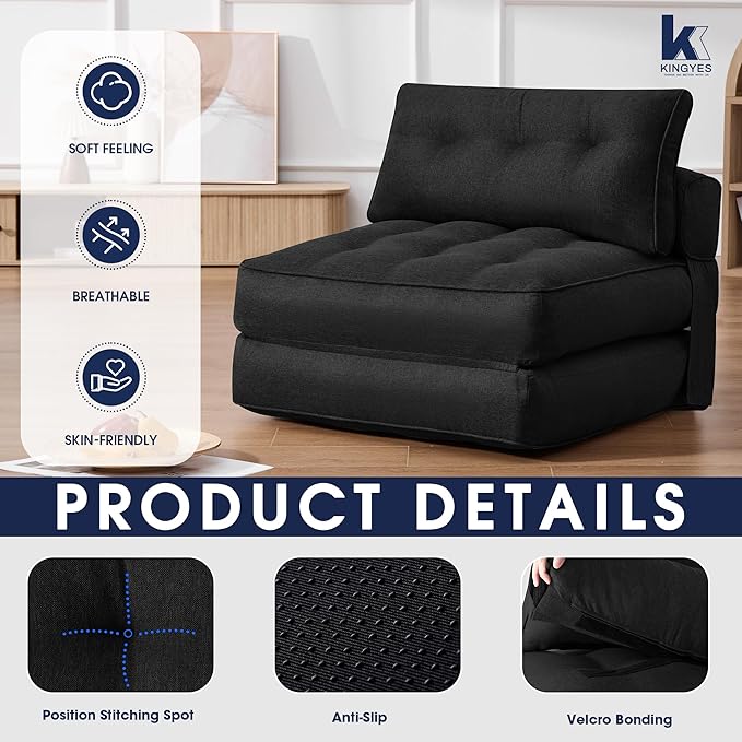KINGYES Folding Chair Bed, 3 in 1 Convertible Sleeper Chair with Pillow, Black