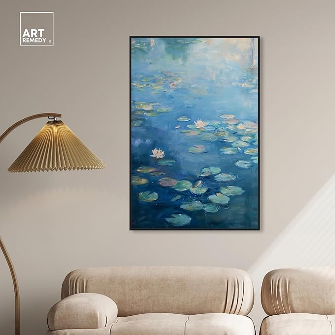 Art Remedy Lilypads In Blues Framed Impressionism 1 Piece Canvas Wall Art/Monet And Van Gogh Inspired Art, 31" x 46", Black Frame