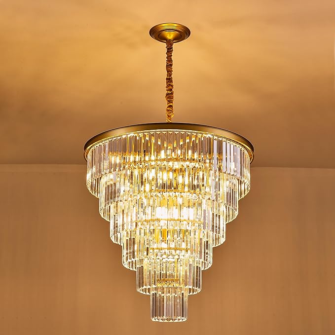 21-Light Gold Crystal Chandelier 29.92" Modern Crystal Pendant Ceiling Light Fixture 7-Tier Luxury K9 Crystal Chandeliers,for Living Room Hotel Lobby Restaurant Foyer High Ceiling