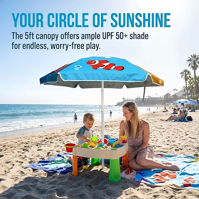 LOTTAFUN Water Table Umbrella Kid 5ft Beach Umbrella - Heavy Duty Wind Resistant UV 50+ Portable Sun Shade with Sand Anchor & Carry Bag, Outdoor Folding Umbrella for Beach,Pool,Patio,Garden (Fish)
