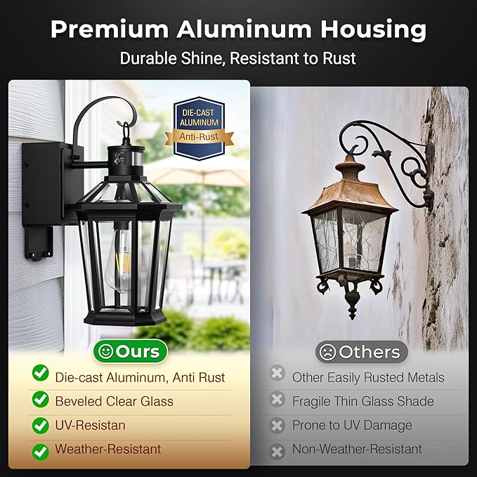 Gleamz Porch Lights Outdoor with GFCI Outlet, Black Motion Sensor Light Wall Mount, 100% Aluminum Anti-Rust Waterproof Outside Light Fixture for House Patio Garage, Adjustable Distance Time, 5 Modes