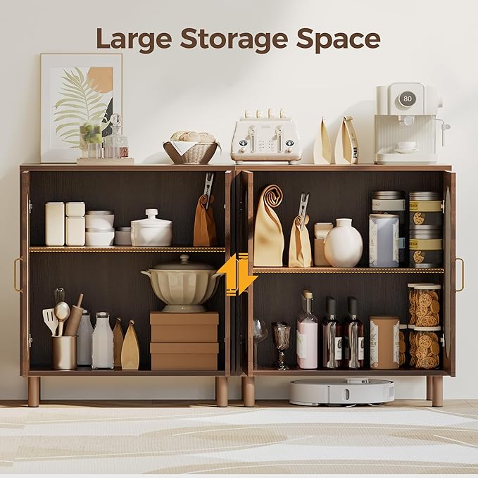 Buffet Cabinet with Storage, Imitation Fabric Arched Sideboard with Adjustable Shelves, Coffee Bar Cabinet for Kitchen, Living Room, Hallway, Entryway, Walnut, 2 PCS