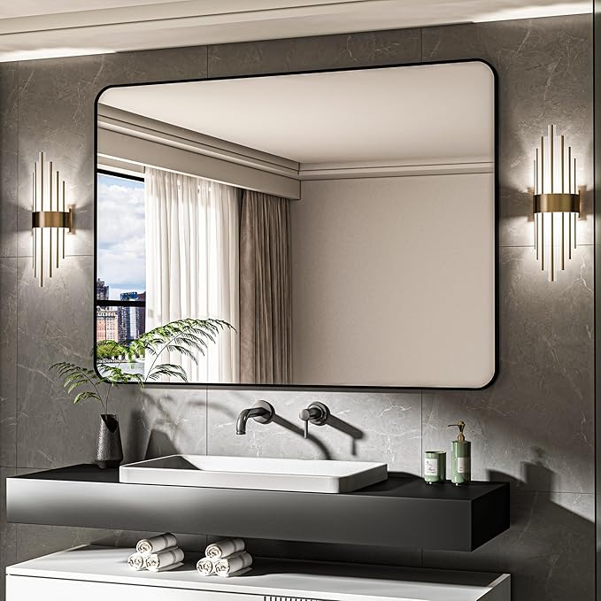 Manocorro Black Bathroom Wall Mirror for Wall,Black 36X24 Inch Rounded Rectangle Mirror,Anti-Rust,Modern Wall Mounted Mirror for Bedroom, Farmhouse,Restroom,Entryway,Horizontal or Vertical Hanging