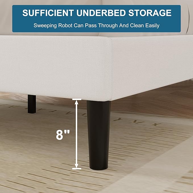 VECELO Full Size Upholstered Platform Bed Frame with Adjustable Headboard, Wood Slat Support and Noise-Free, No Box Spring Needed, Easy Assembly, Off White
