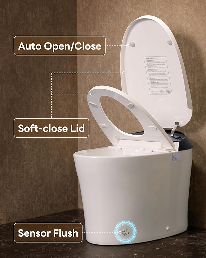 CANEST Smart Toilet with Foam Shield, 17.5" ADA Chair Height, 1.1/1.6GPF Dual-Flush Bidet Toilet, 12" Rough-in, One Piece Toilet, Auto Open/Close, Instant Hot Water, Eco Mode, Deodorization