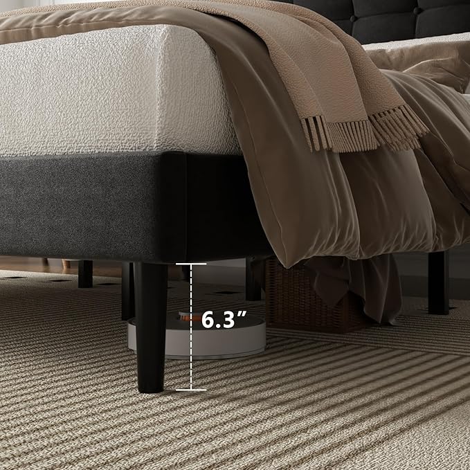 King Size Bed Frame, King Size Platform Bed Frame with Upholstered Button Tufted Headboard, Strong Wood Slats, No Box Spring Needed, Mattress Foundation, Easy Assembly Black