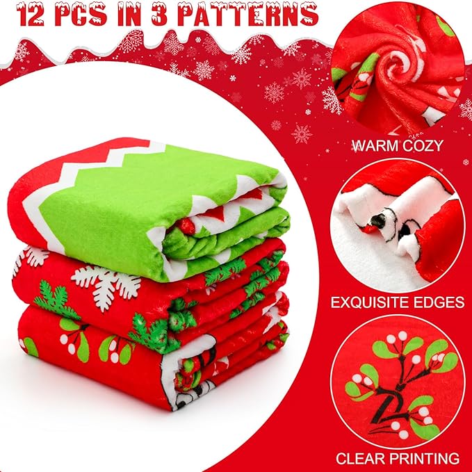 Buryeah 12 Pack 59" x 40" Christmas Fleece Blankets Bulk for Homeless Winter Warm Flannel Soft Cozy Throw Blankets Printed Snowflake Deer Snowman for Home Bedding Couch Chair Gift(Vivid Style)