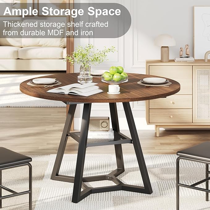 Round Dining Table for 4, Kitchen Tables Dining Room Circle Dinner Table with Pedestal Metal Frame, Space Saving Wood Industrial Kitchen & Dining Room Tables, Walnut 43In