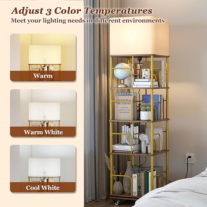 4 Tier Rotating Bookshelf with LED Light 360° Swivel Bookcase with Wheels Space-Saving Tall Corner Shelf Square Floor Standing Shelf Metal and Wood Bookshelves for Bedroom Living Room Office