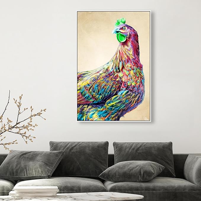 Country Farmhouse Canvas Print Painting Animal Wall Art 'Fun Colorful Glam Rooster' White Framed Canvas Rustic Home Décor 30x45 in Pink, Green by Oliver Gal
