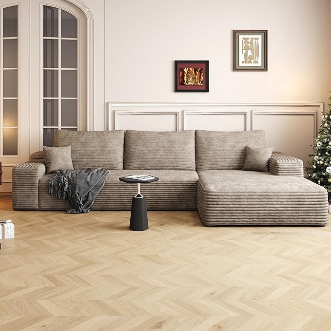 107" Oversized L Shaped Couch with Chaise, Minimalist Compressed Boneless Couch No Assembly Required, Modular Cloud Sectional Sofa for Living Room Bedroom, Right Facing Chaise, Plush Corduroy, Camel