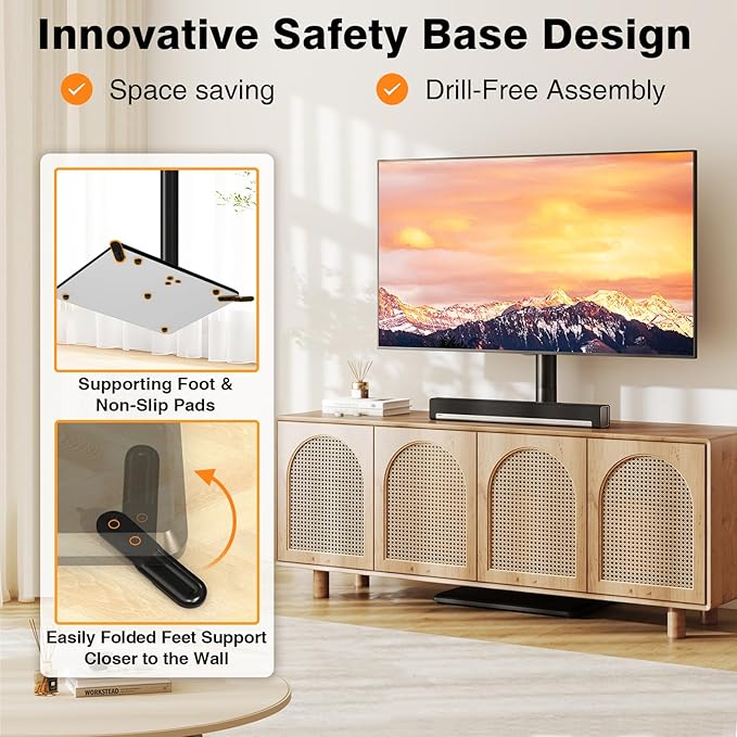 TVON Universal Floor TV Stand with Mount for Most 32-60 Inch TVs up to 88lbs, Height Adjustable TV Floor Stand with Wood Base for Space Saving, Tall Floor TV Stand for Bedroom, Corner & Living Room