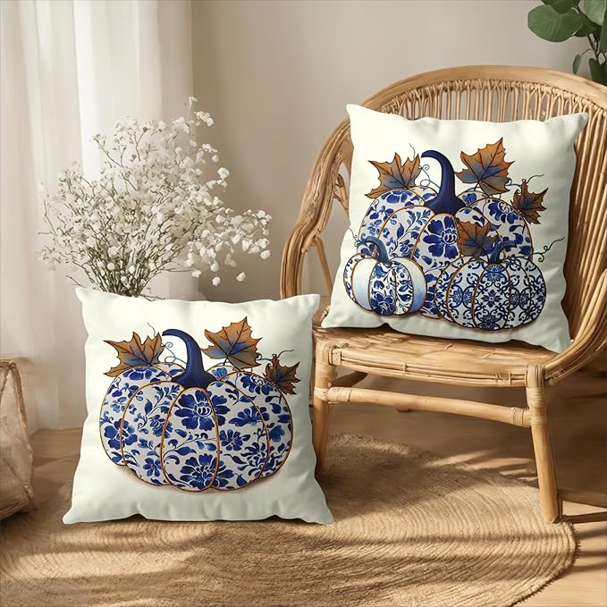 2 Pack Vintage Fall Blue Pumpkin Outdoor Pillow Covers 22x22 Inch Chinoiserie Autumn Thanksgiving Harvest Cushion Cases for Farmhouse Living Room Decor