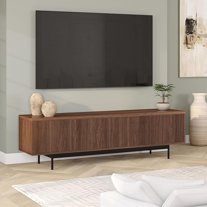 Henn&Hart Fluted TV Stand for TVs up to 75" with 2 Open-Concept Ribbed Storage Cabinets for Living Room, Family Room, or Office, Medium Walnut