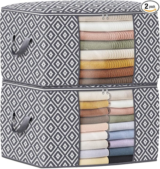 Direct 100L, 2 Pack, Storage Containers, Large Clothes Storage Bins Foldable Organization and Storage Bags with Reinforced Handle, Clear Window for Bedding, Blankets, Clothing, Grey