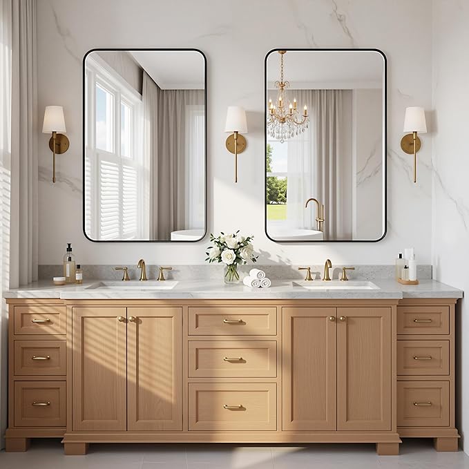 Bathroom Mirrors for Over Sink 24" x 36", Black Metal Frame Rounded Corner Rectangle Wall Mirror, Modern Farmhouse Vanity Mirror(Horizontal/Vertical)