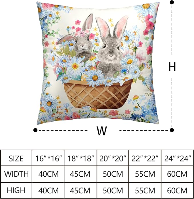 Easter Bunny Pillow Covers 16x16 Spring Rabbit Daisy Floral Throw Pillow Covers A Basket Filled with Lovely Bunny and Flowers Pillowcase Cushion Case for Sofa Patio Garden 2 Pack