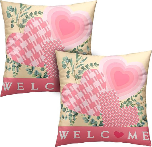 Valentine Day Pillow Covers 24x24 Set of 2 Valentines Day Pink Heart Throw Pillow Covers Pink Hearts with Eucalyptus Decoarative Pillow Case Cushion Case for Couch Sofa