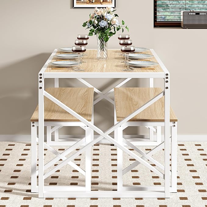 VECELO 55" Kitchen Dining Table Set for 4-6, Wood Dinette 2 Benches with Metal Frame for Dinner Breakfast Nook and Small Space, Oak