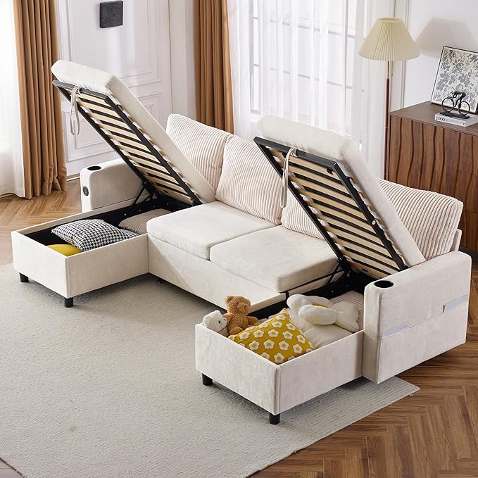 ERYE 113-Inch U-Shaped Pull Out Sleeper Couch Bed, Modern U Shaped Symmetrical Sleeper Sectional Sofa Convertible Sofa Bed with Storage Chaises & USB-C Ports for Living Room