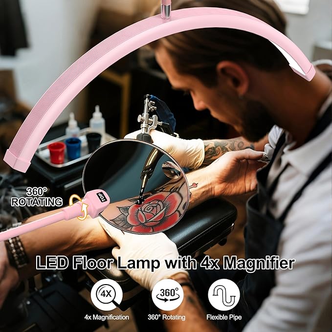AURELLE Half Moon Lash Light - Adjustable LED Floor Lash Lamp with 4X Magnifier & Phone Holder for Eyelash Extensions,Nail Art,Tattoo,Skincare,Salon SPA-Dimmable Brightness,Rotating Head, Pink