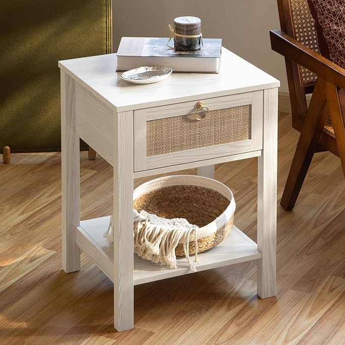 SICOTAS White Nightstand Set of 2,Rattan Decor Drawer with Brass Knobs Night Stand Bedside Table Boho End Tables Side Tables with Storage Shelf for Bedroom,Small Space