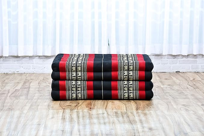 Leewadee Trifold Mattress Standard – Comfortable Thai Massage Pad, Foldable Floor Mattress Filled with Kapok, Perfect to Use as a Sleeping Mat 79 x 28 inches, Black Red